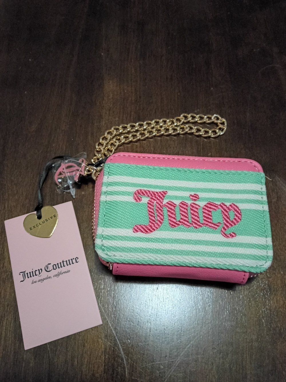 Juicy Couture Pink & Mint Striped Card Wallet with Chain NWT